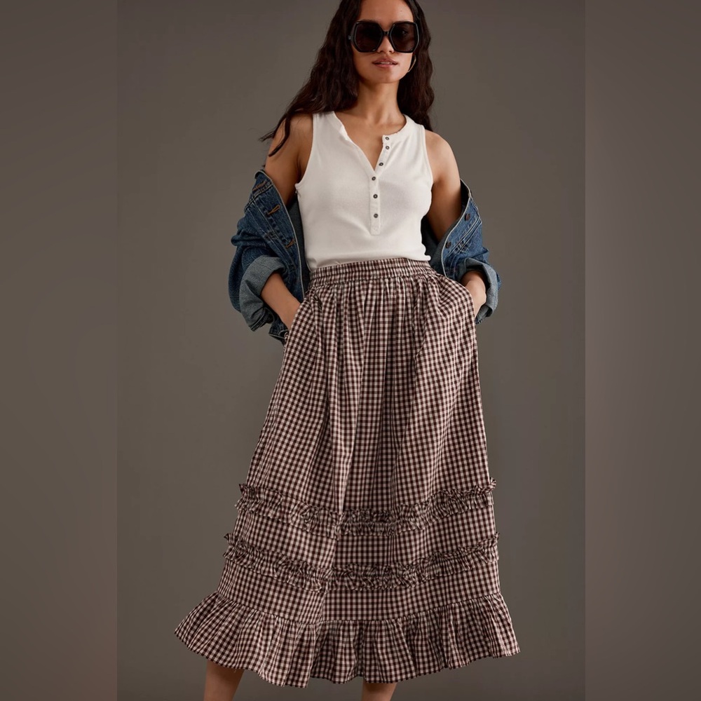 DAMSON MADDER Rina Ruffle Skirt in Chocolate Check UK 12 / US 8 - Picture 9 of 16